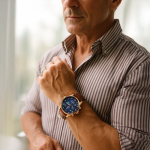 a man with a sharp sense of style, showing his watch from Obsyss