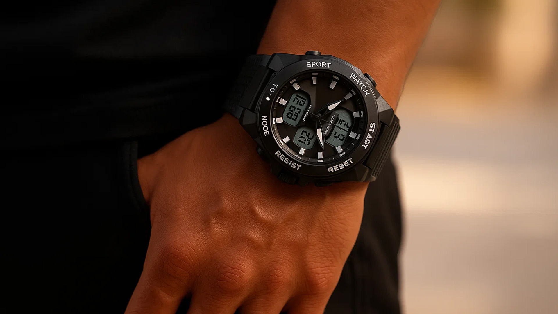 black Sporty watches worn and complementing the black style of the the person wearing.